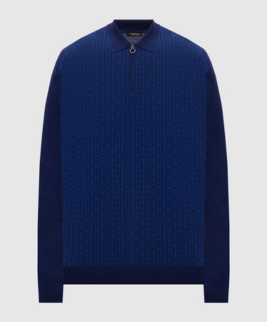 Blue wool and silk patterned polo shirt