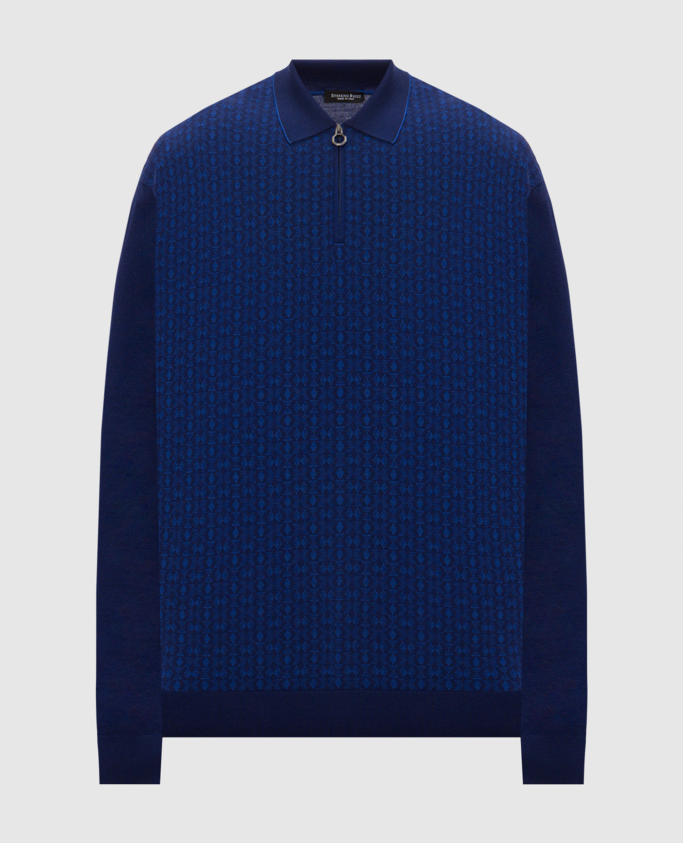 Blue wool and silk patterned polo shirt