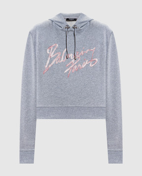 Balmain Grey melange hoodie with logo print GF1JR030BD43