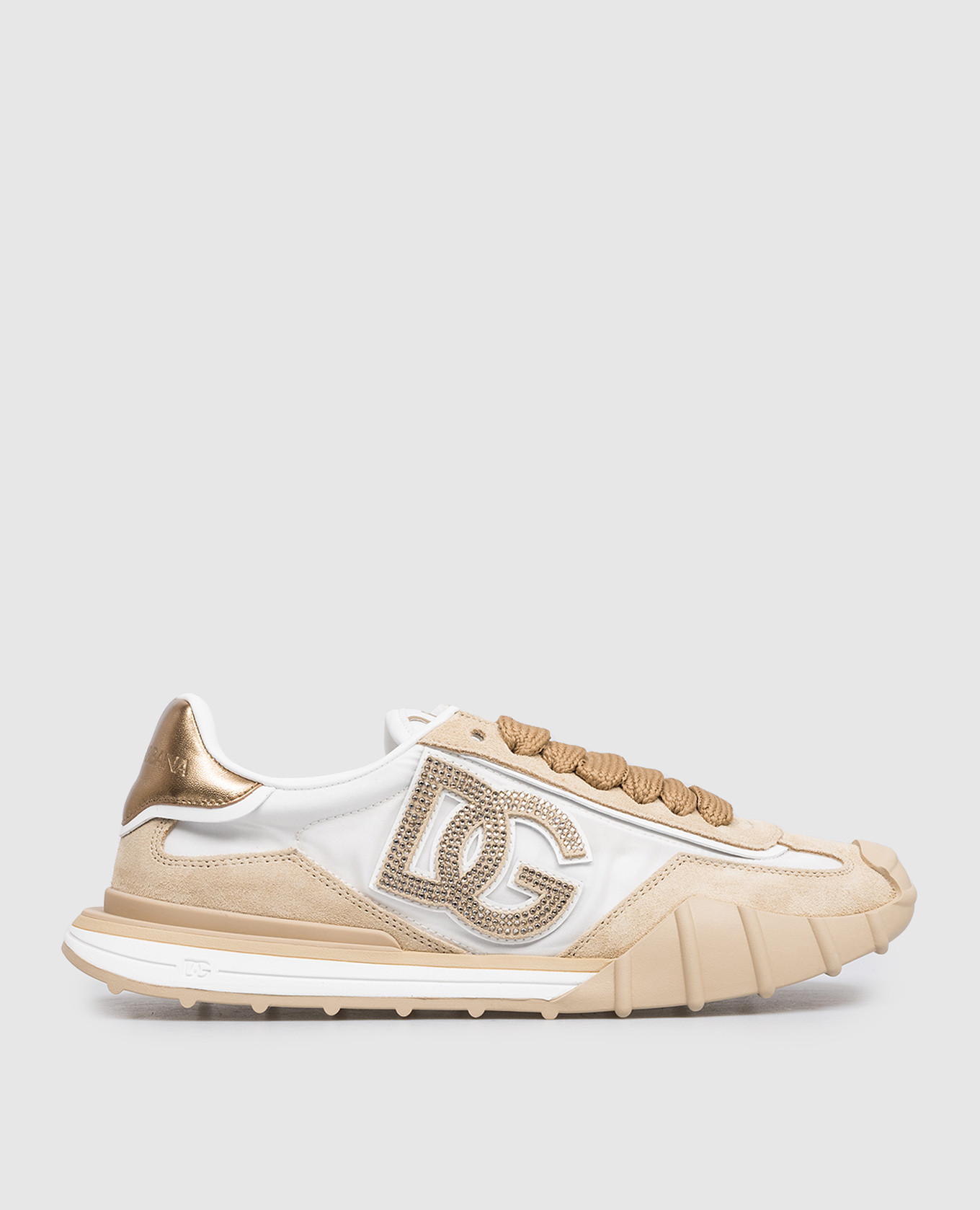 Beige Athletic combo sneakers with crystal monogram patch
