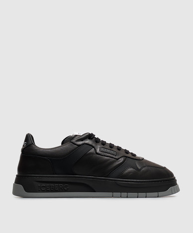 Black leather sneakers with fur trim