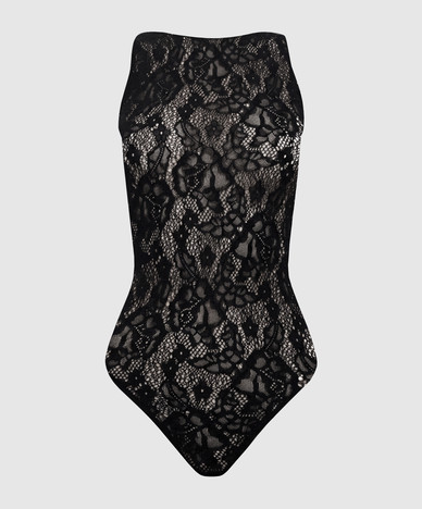 Black bodysuit with openwork pattern