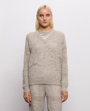 Brunello Cucinelli Gray openwork pullover with sequins MFA790102