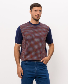 Stefano Ricci Blue silk T-shirt with contrast pattern K212035G10F26191