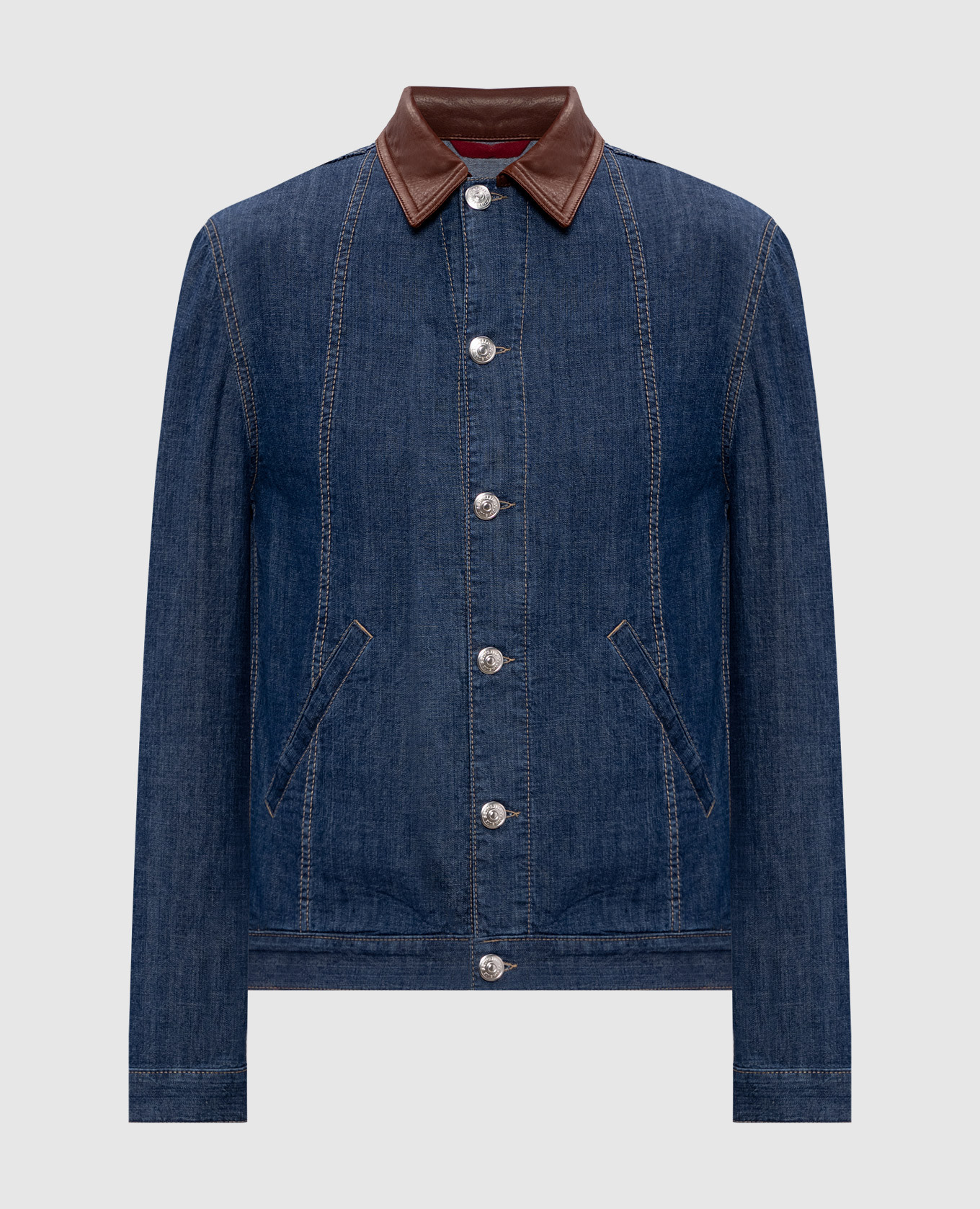 Blue denim jacket with leather collar