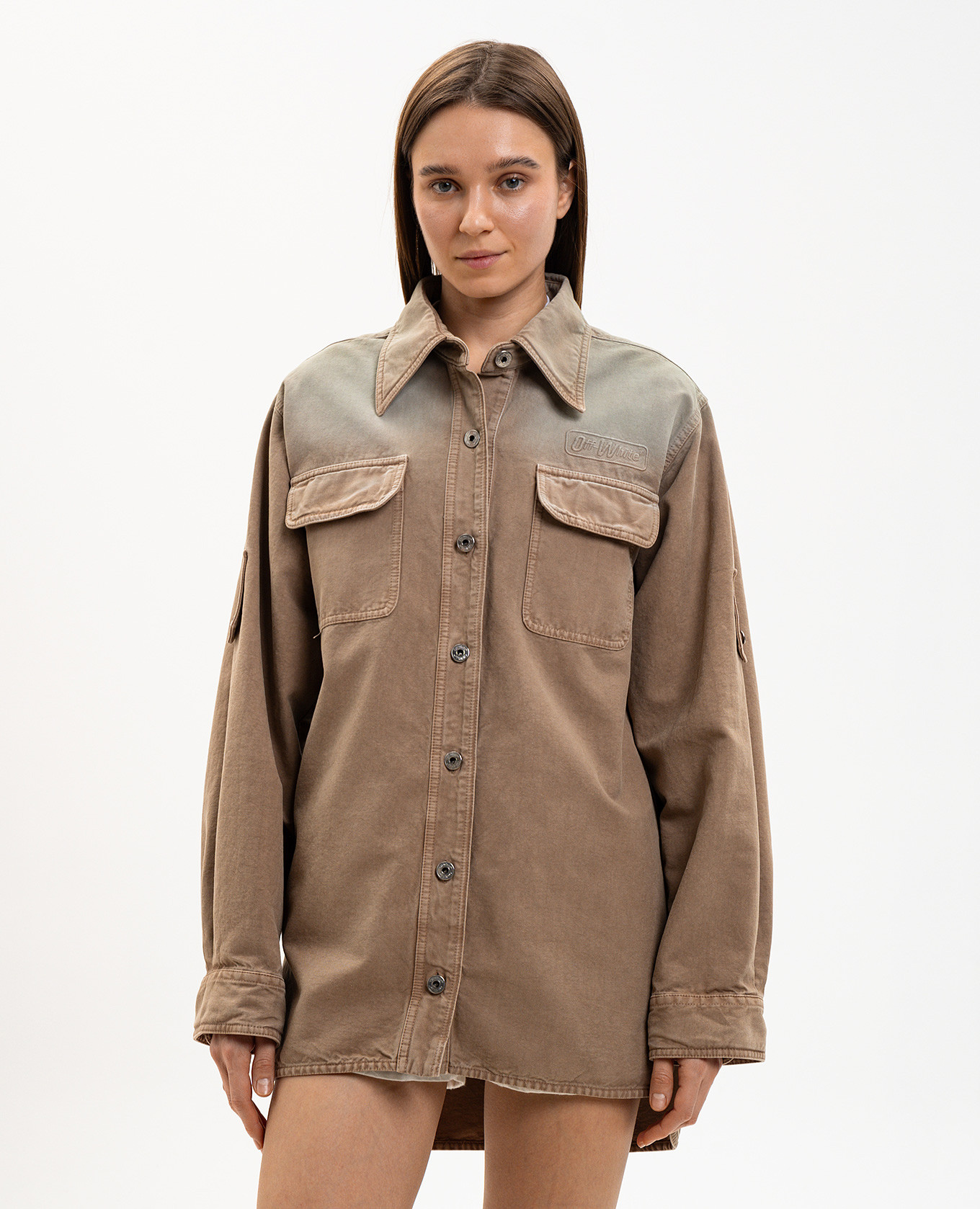 Brown denim shirt with logo embroidery Off-White 3