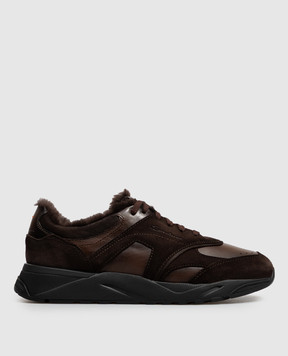 Santoni Brown leather sneakers with fur trim MBIM22112NERPSBB