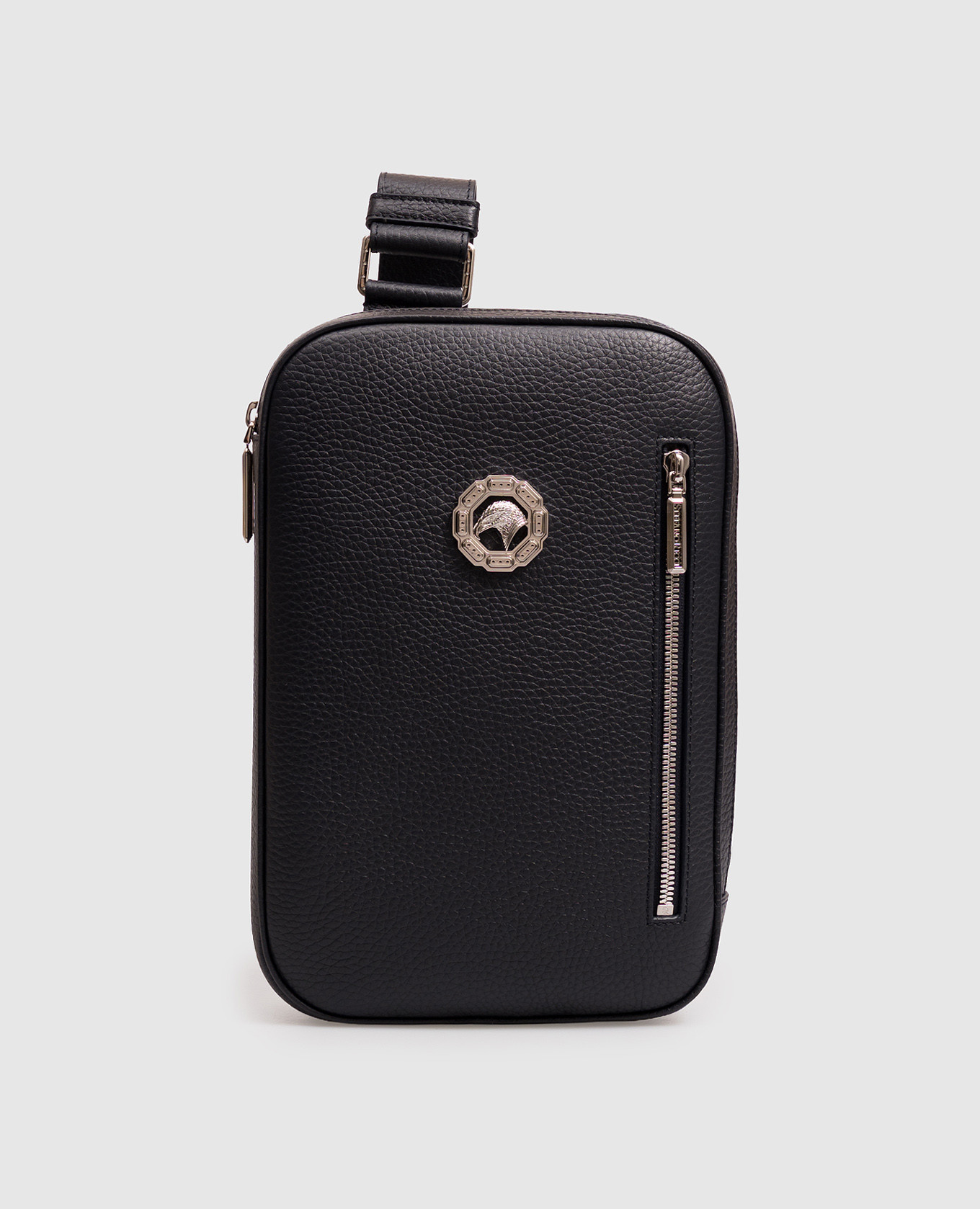 Blue leather sling bag with emblem