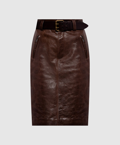 Bruine leren kokerrok met riem