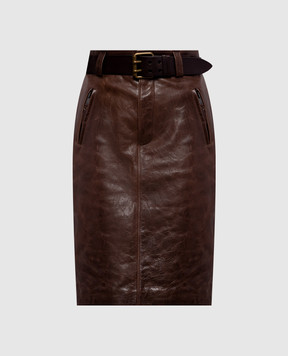 Saint Laurent Brown leather pencil skirt with belt 865021YCVD2
