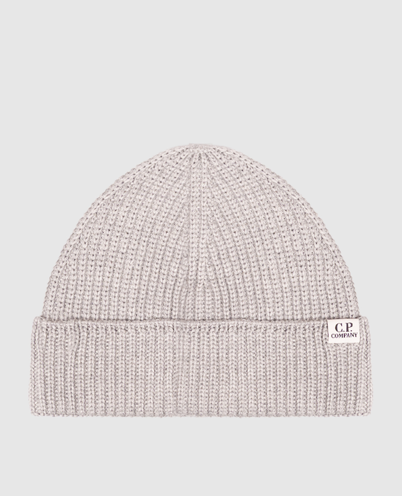 Gray wool beanie hat with patch