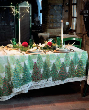 TESSITURA TOSCANA TELERIE Gray tablecloth FAIRY TREES NT210115080037