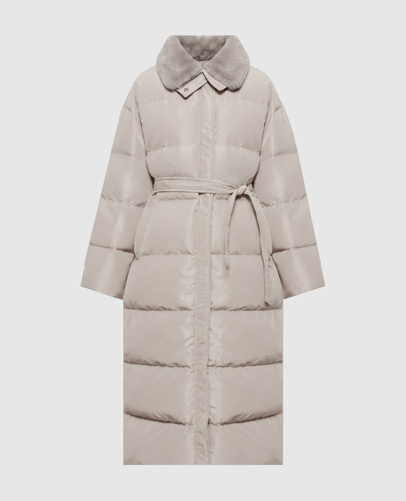 Beige elongated down jacket with mink collar