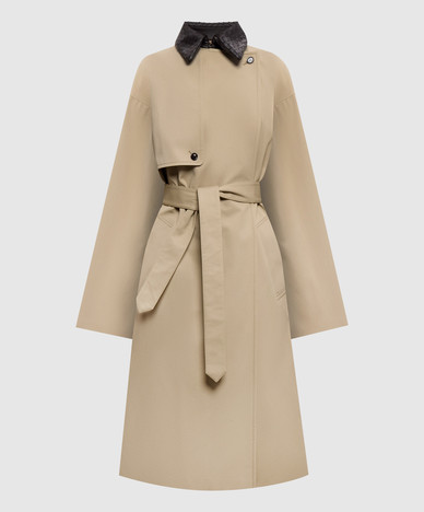Beige trench coat with a leather collar