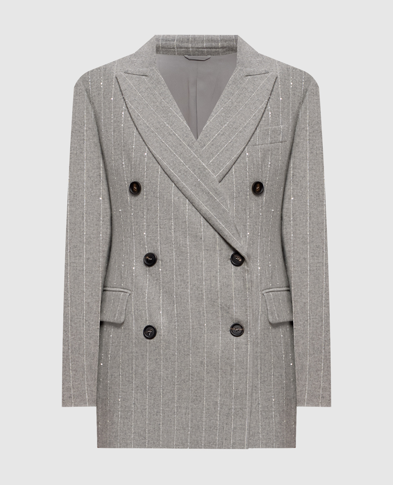 Graue, zweireihige, gestreifte Wolljacke