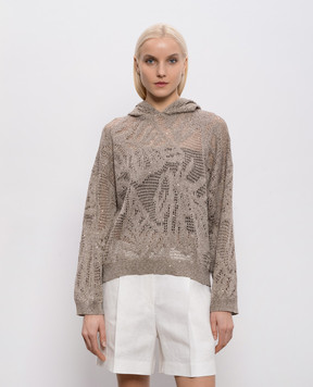 Brunello Cucinelli Brown openwork linen hoodie with sequins MDT771009