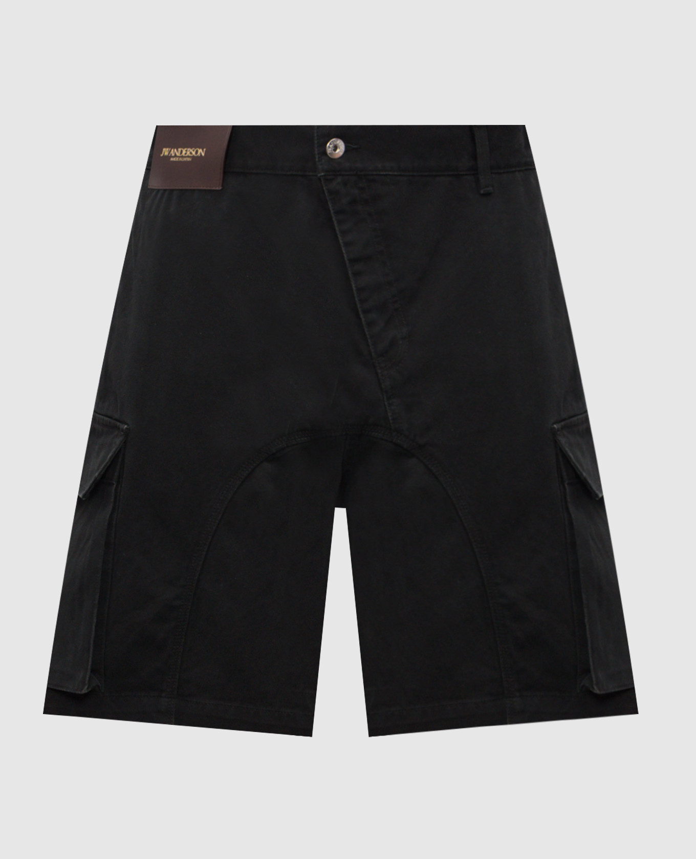 Black denim cargo shorts with logo patch