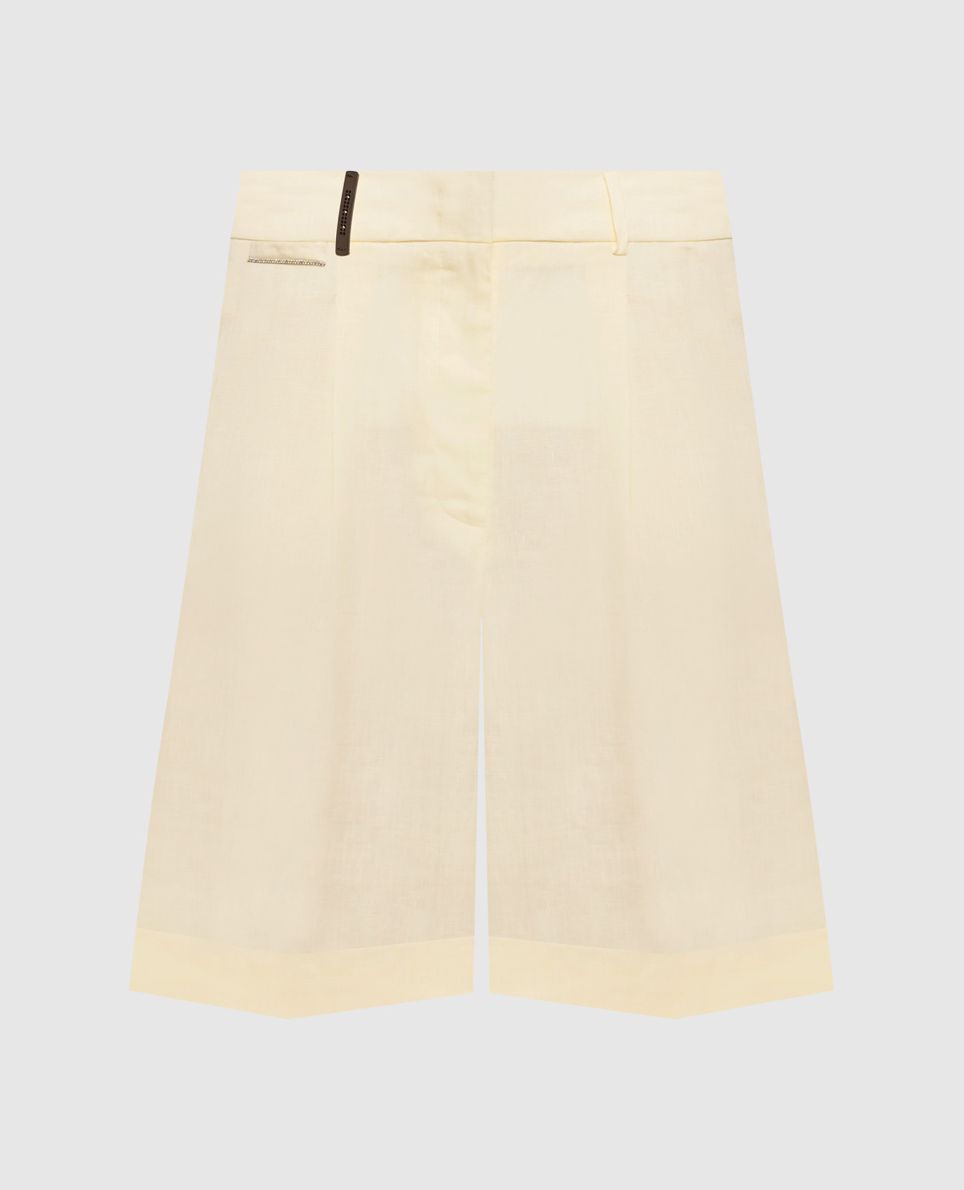 Yellow linen shorts with patch and chain