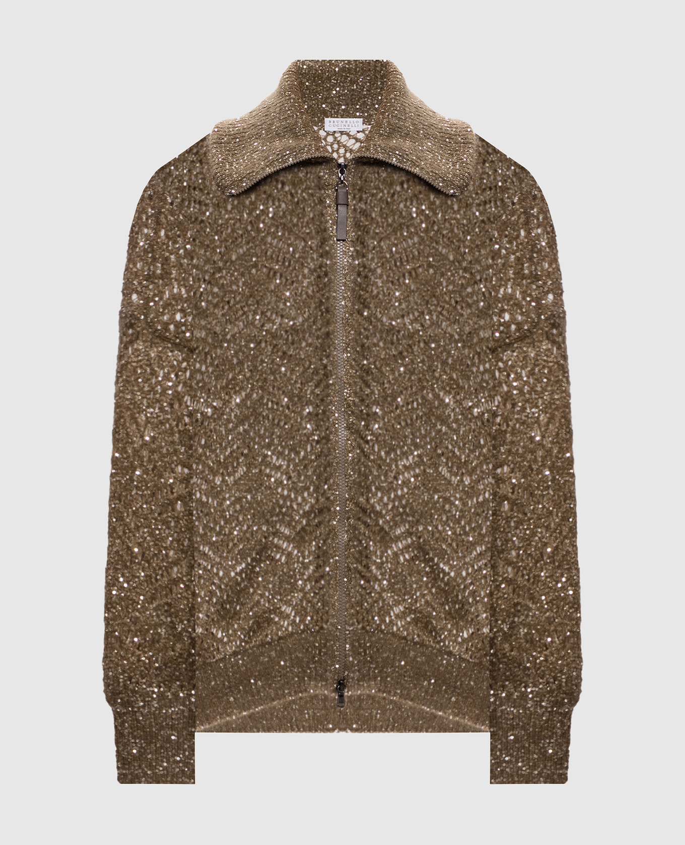 Khaki openwork cardigan with sequins