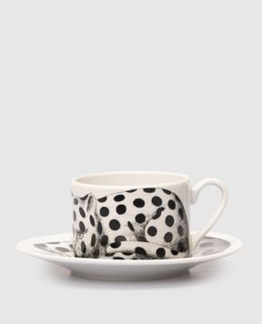 Fornasetti High Fidelity Quadrettato White Porcelain Tea Set with Cup and Saucer P39X2895