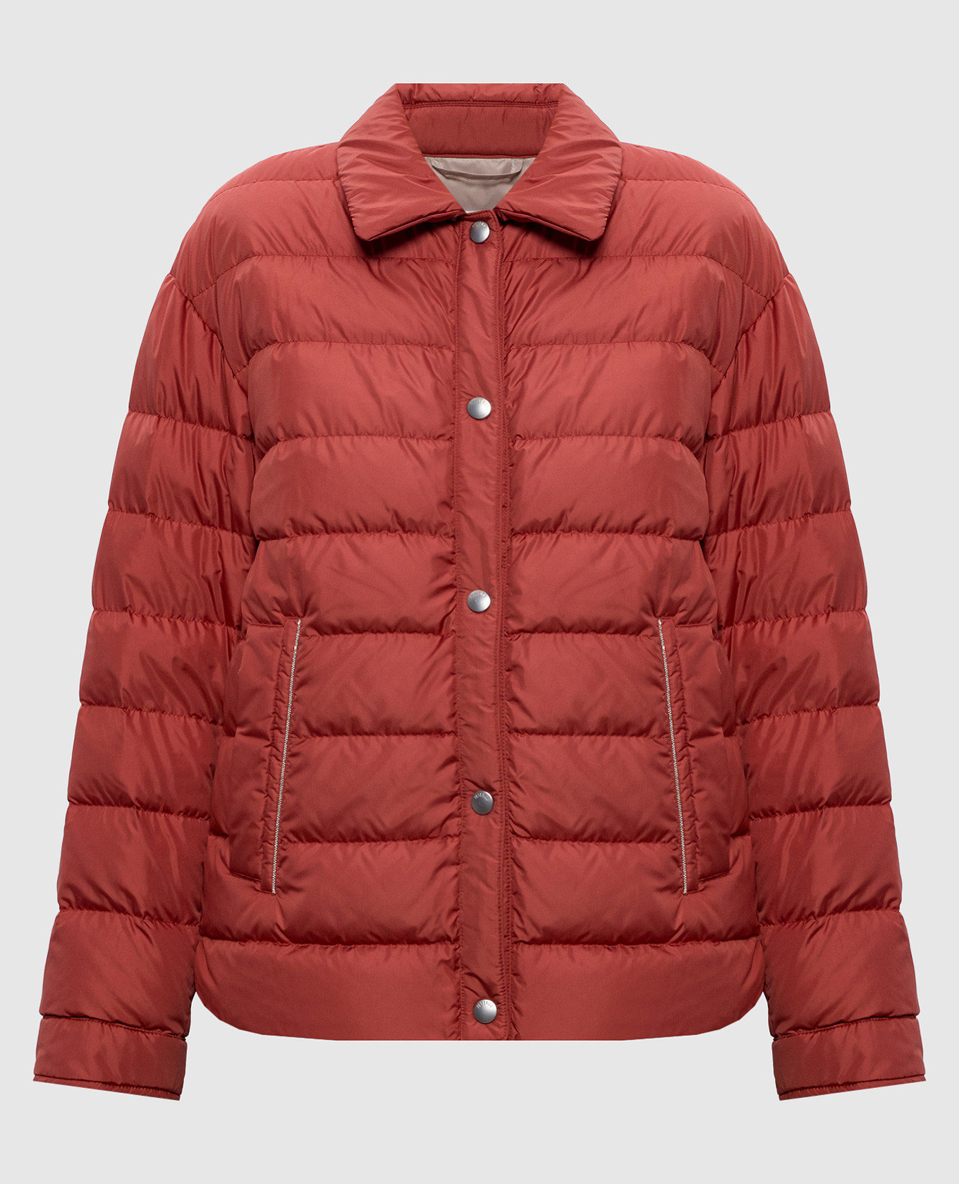 Red down jacket with monil chain