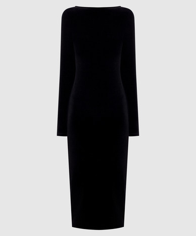 Zwarte velours jurk met open rug.