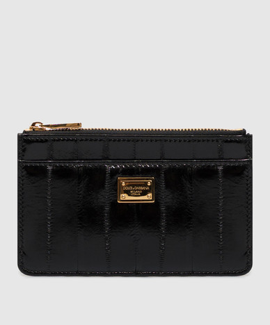 Black leather cardholder with logo plate