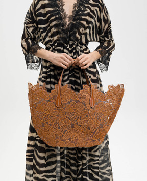 Ermanno Scervino Life Brown tote bag with floral pattern and raffia D484S500ZQP