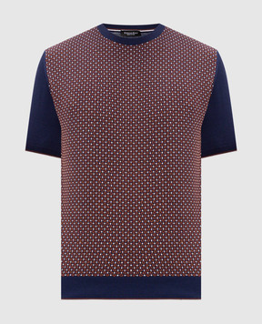 Stefano Ricci Blue silk T-shirt with contrast pattern K212035G10F26191