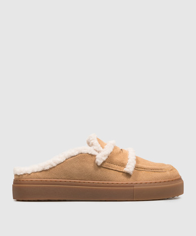 Beige Wildleder-Mules mit Pelzbesatz
