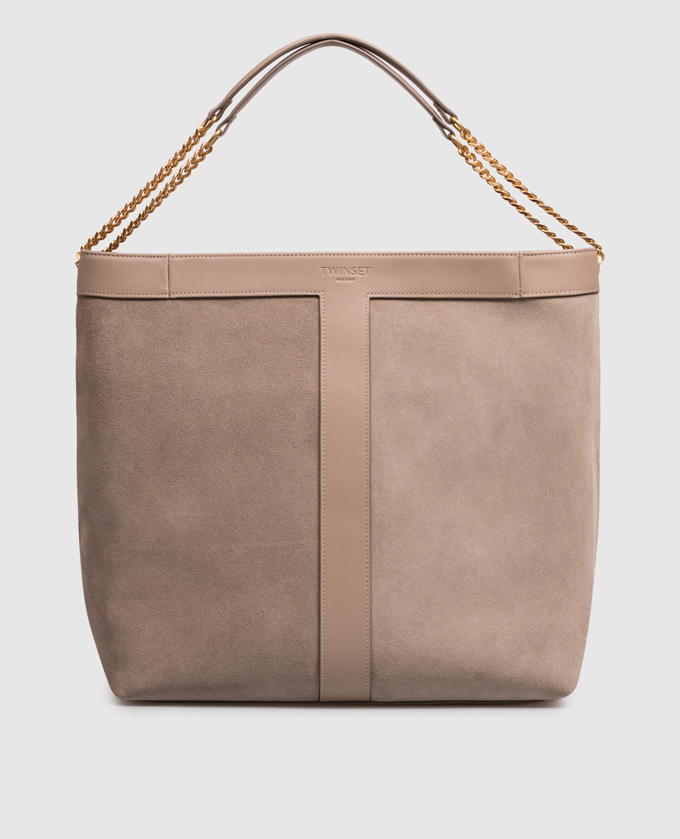 Beige suede bag with embossed logo
