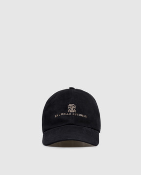 Brunello Cucinelli Blue suede cap with logo embroidery MPCLF9850