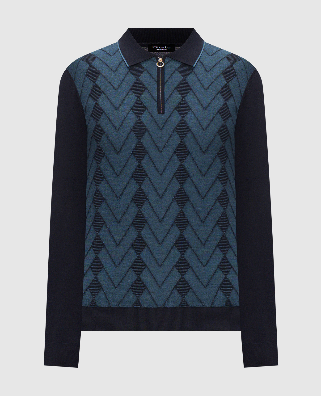 Blue wool and silk polo shirt with geometric pattern