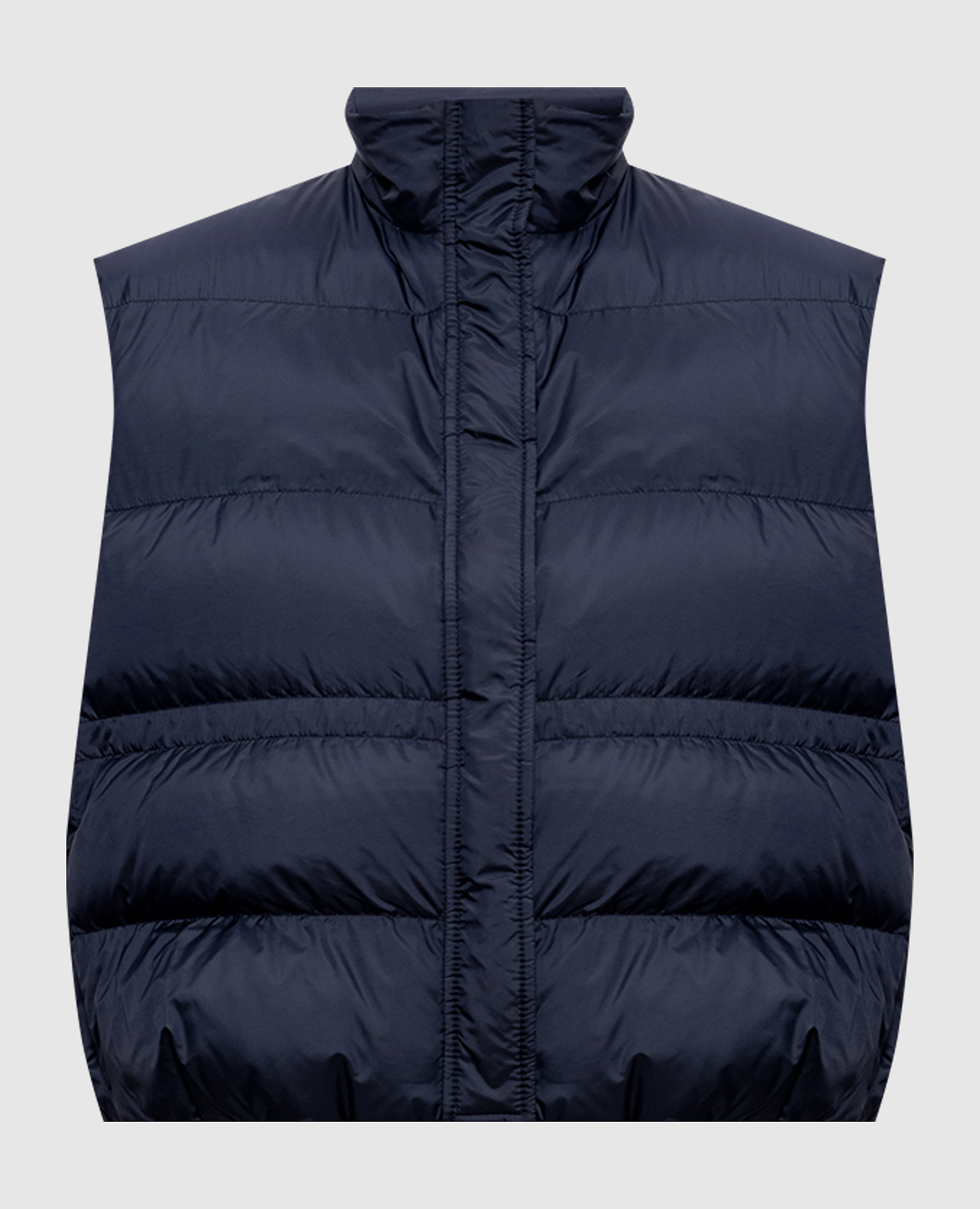 Blue down vest with monil chain