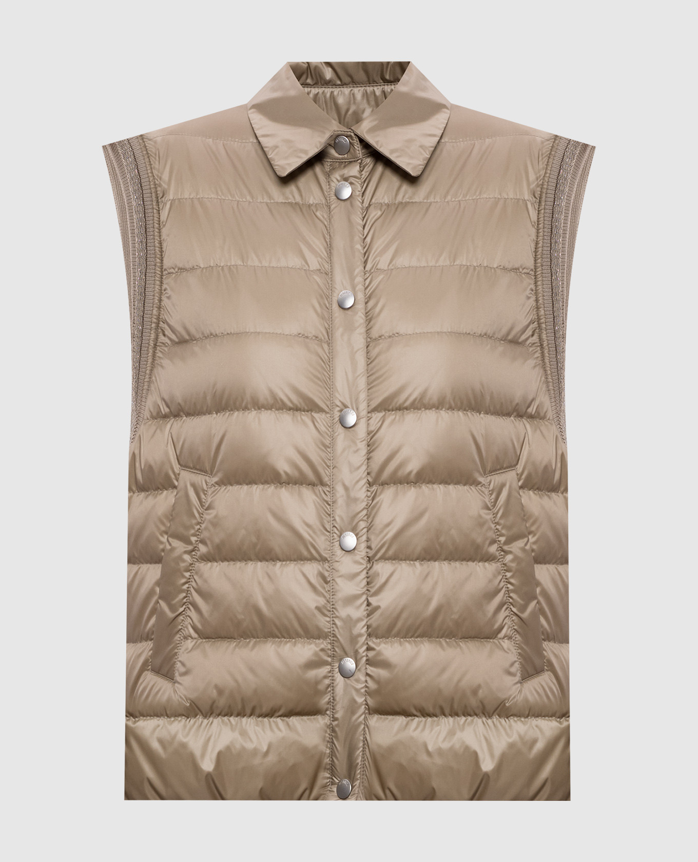 Khaki down vest with monil chain