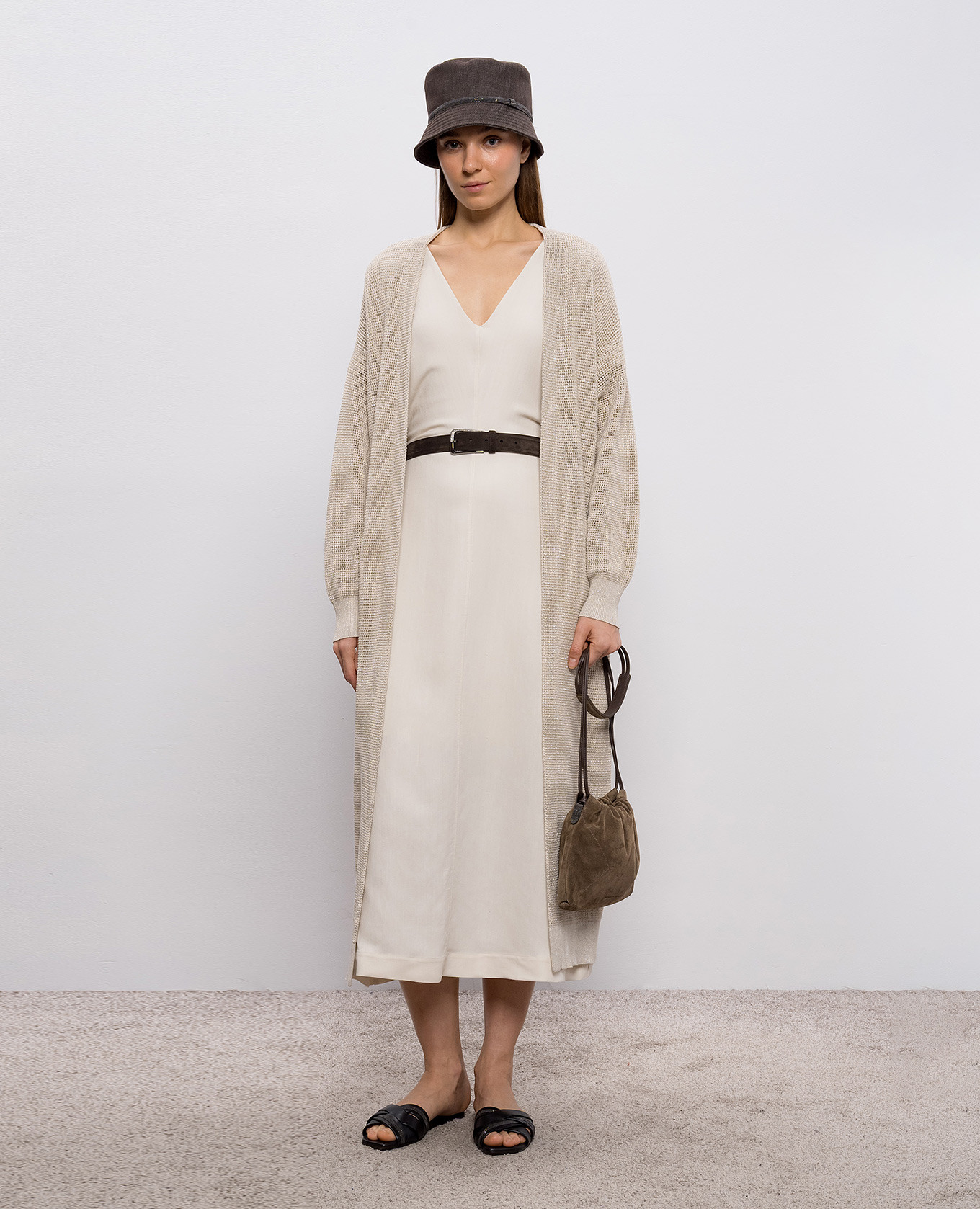 Beige midi dress with linen Brunello Cucinelli 2