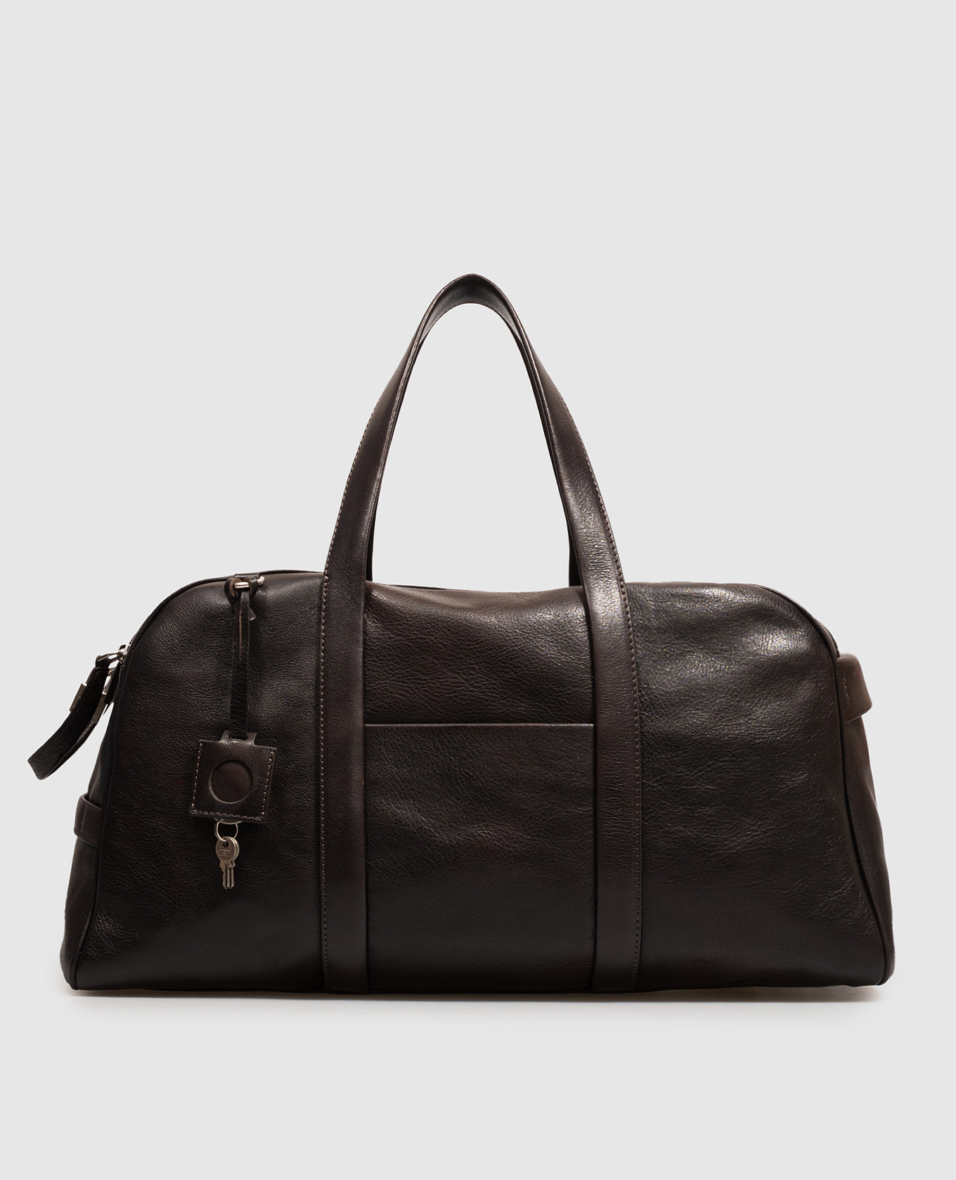 Brown leather travel bag with textured logo