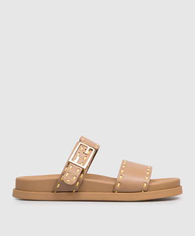 Brown leather Feel flip-flops with buckle