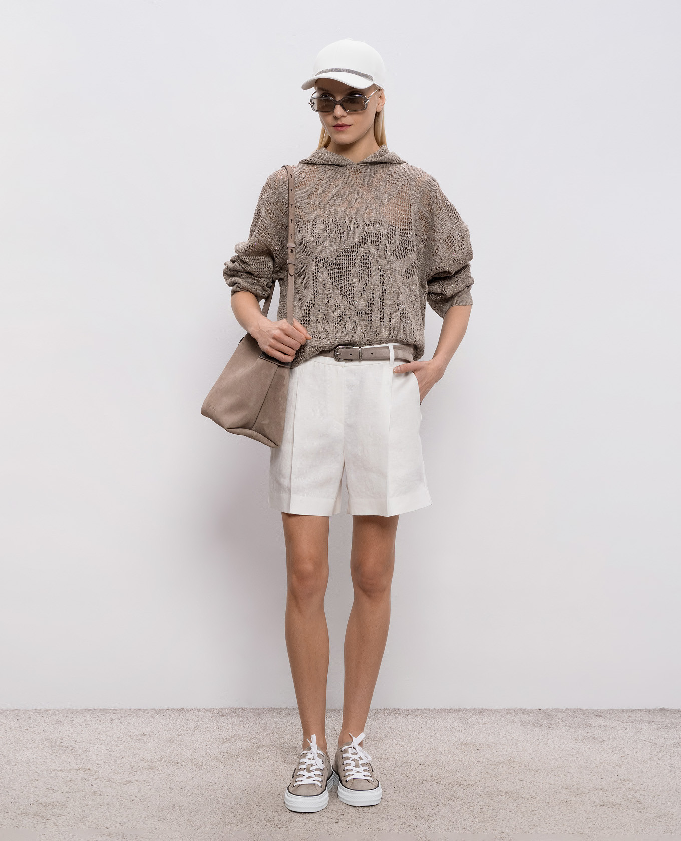 

Brown openwork linen hoodie with sequins Brunello Cucinelli