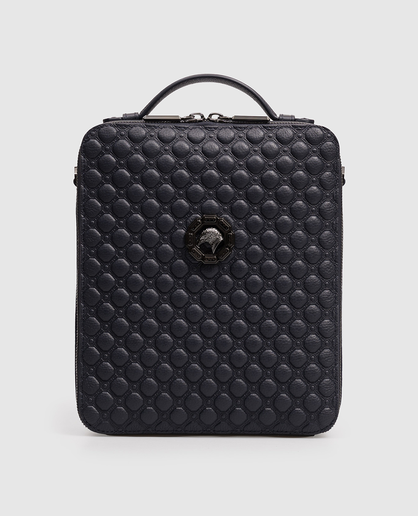 Blue leather bag with brand embossing