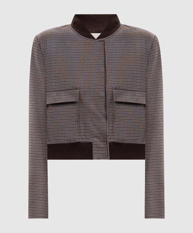 Brown cropped checked bomber jacket
