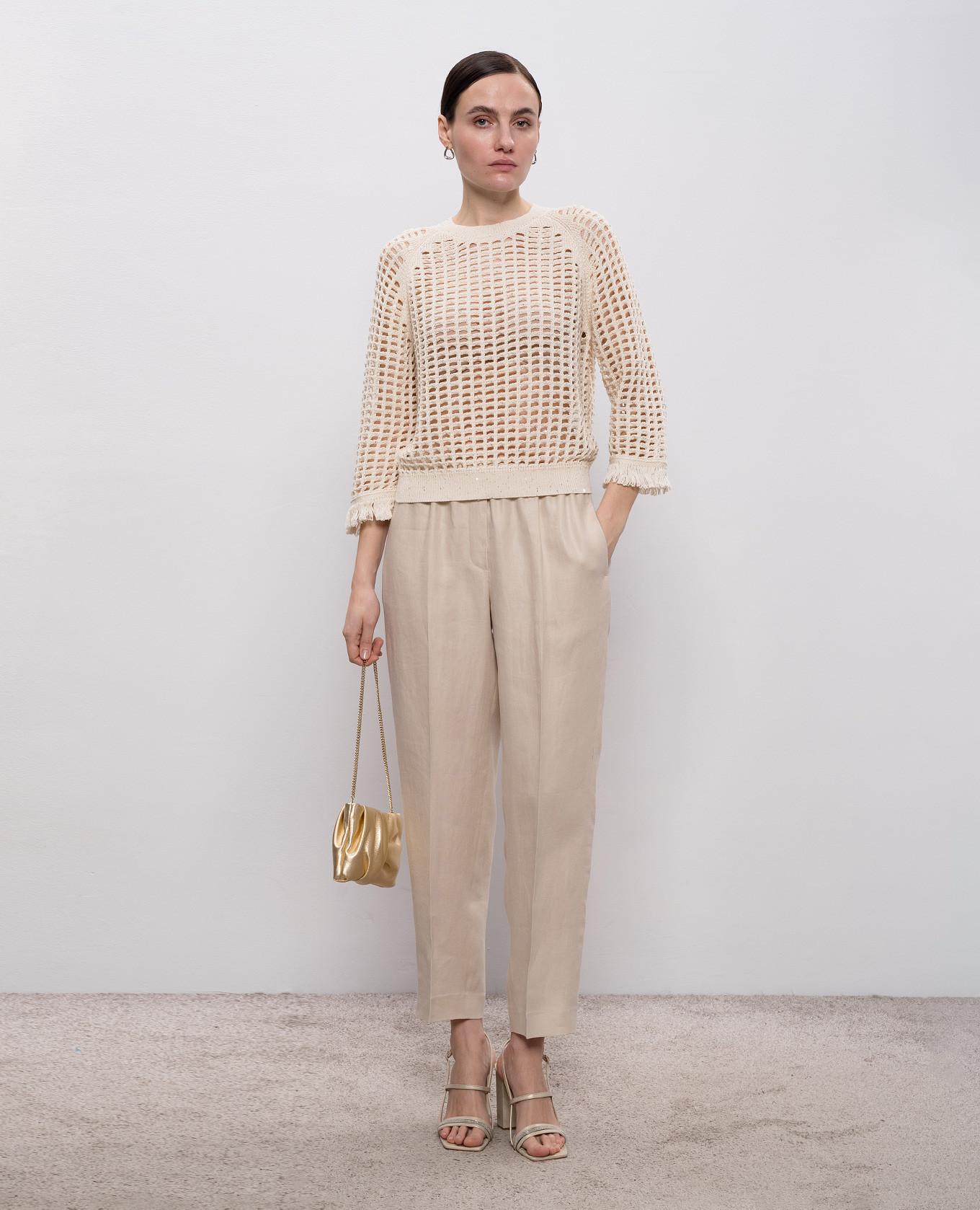 

Beige openwork jumper with sequins and fringe Peserico