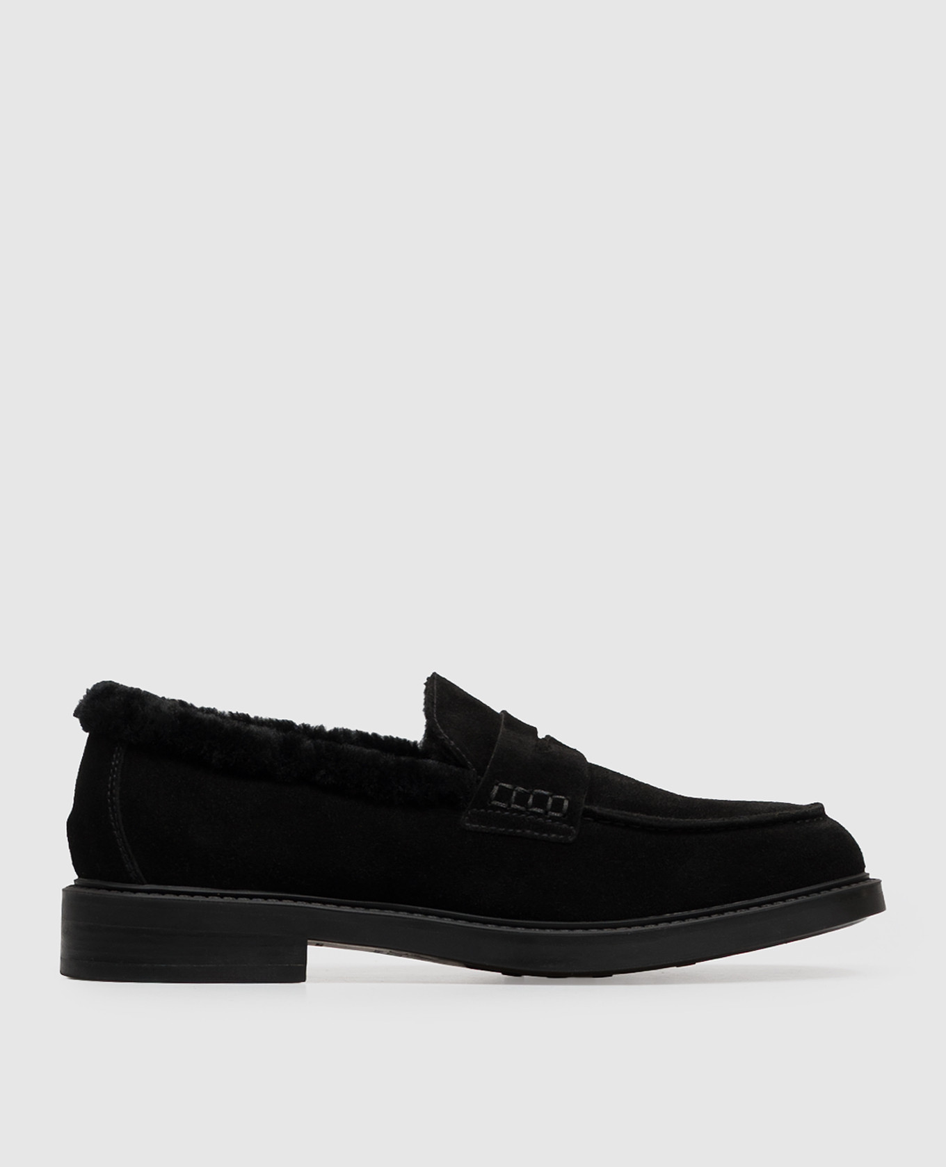 Black suede loafers with fur trim