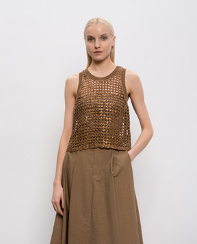 Brunello Cucinelli Brown openwork top made of silk and linen with sequins MCBR11800