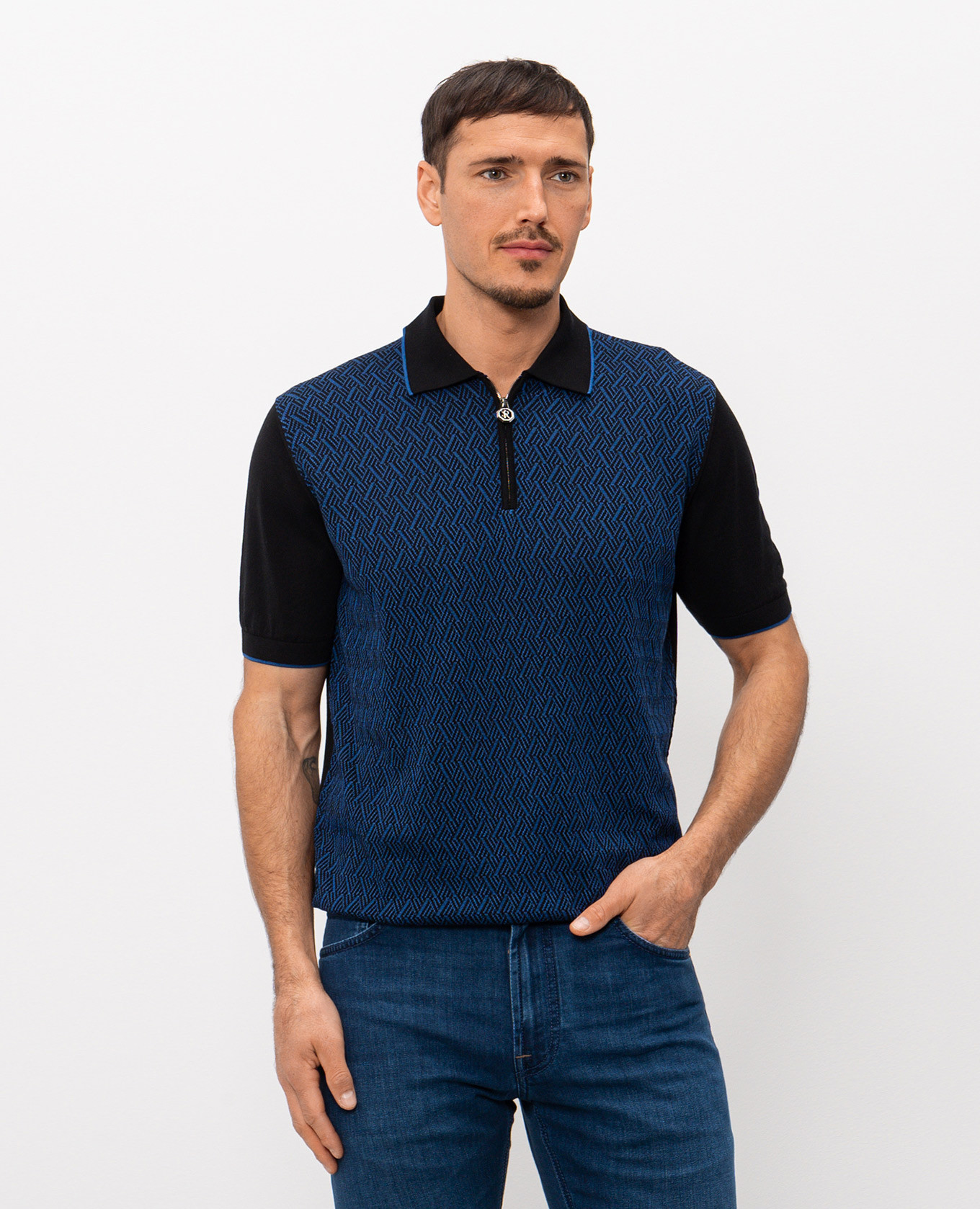 

Black polo shirt with patterned silk Stefano Ricci