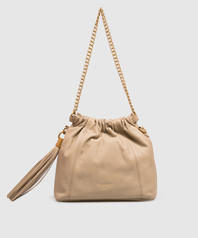 Beige leather bag with embossed logo