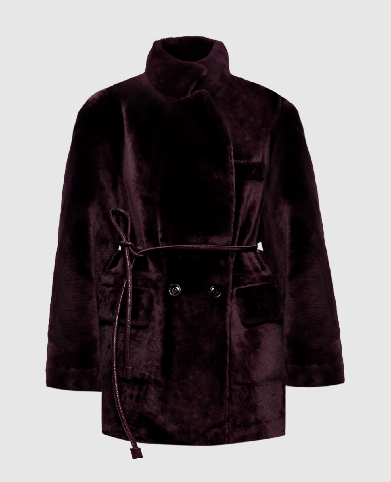 Burgundy double-breasted sheepskin coat with belt