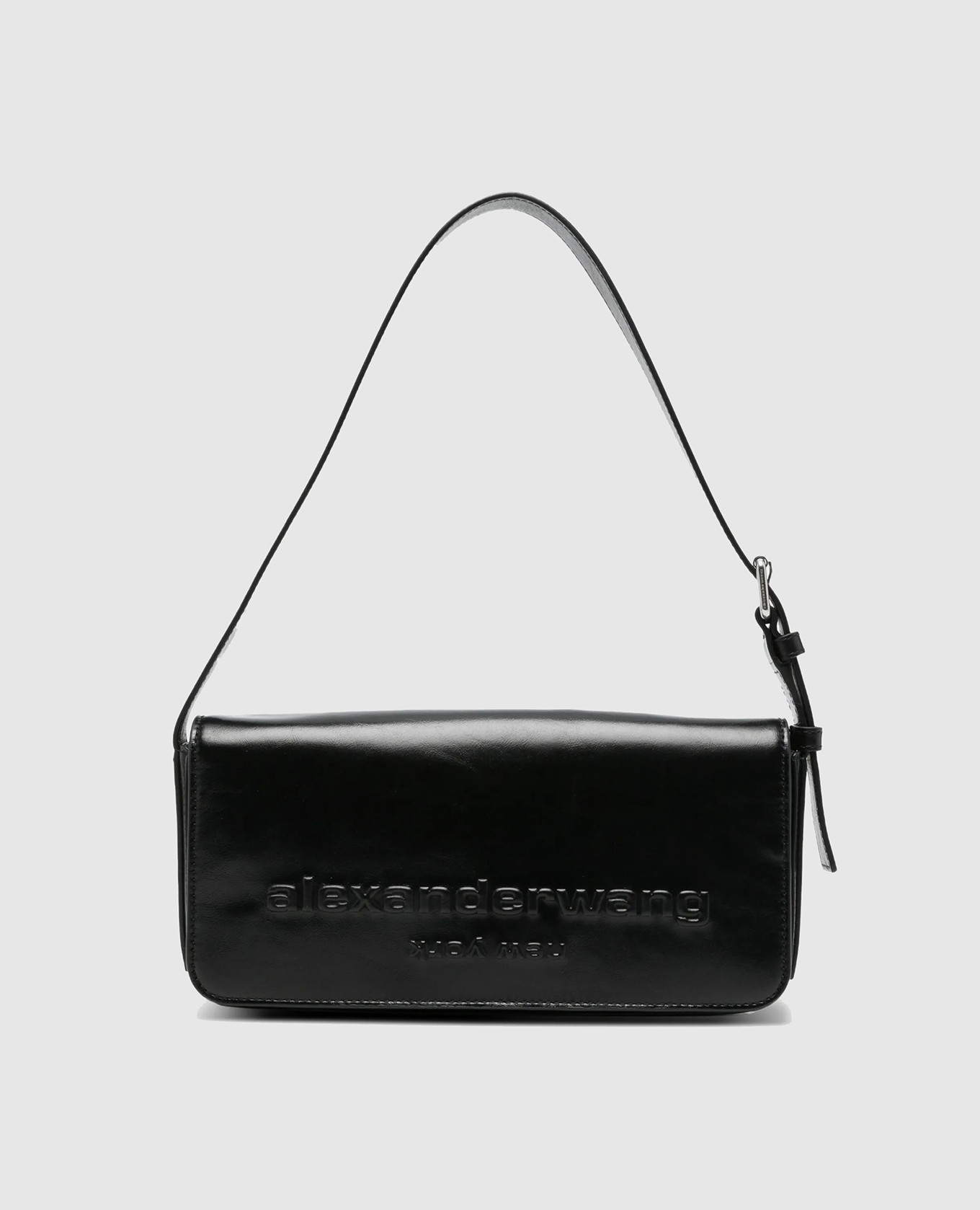 Black leather bag with textured logo