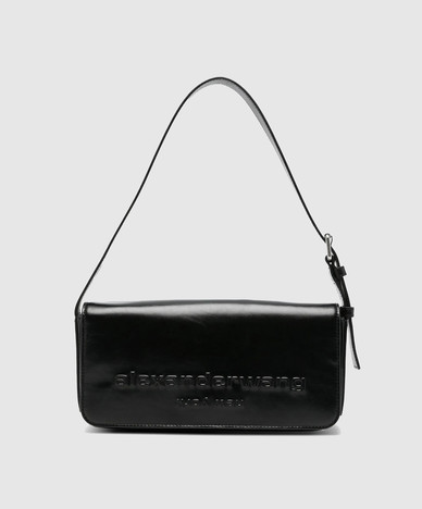 Black leather bag with textured logo