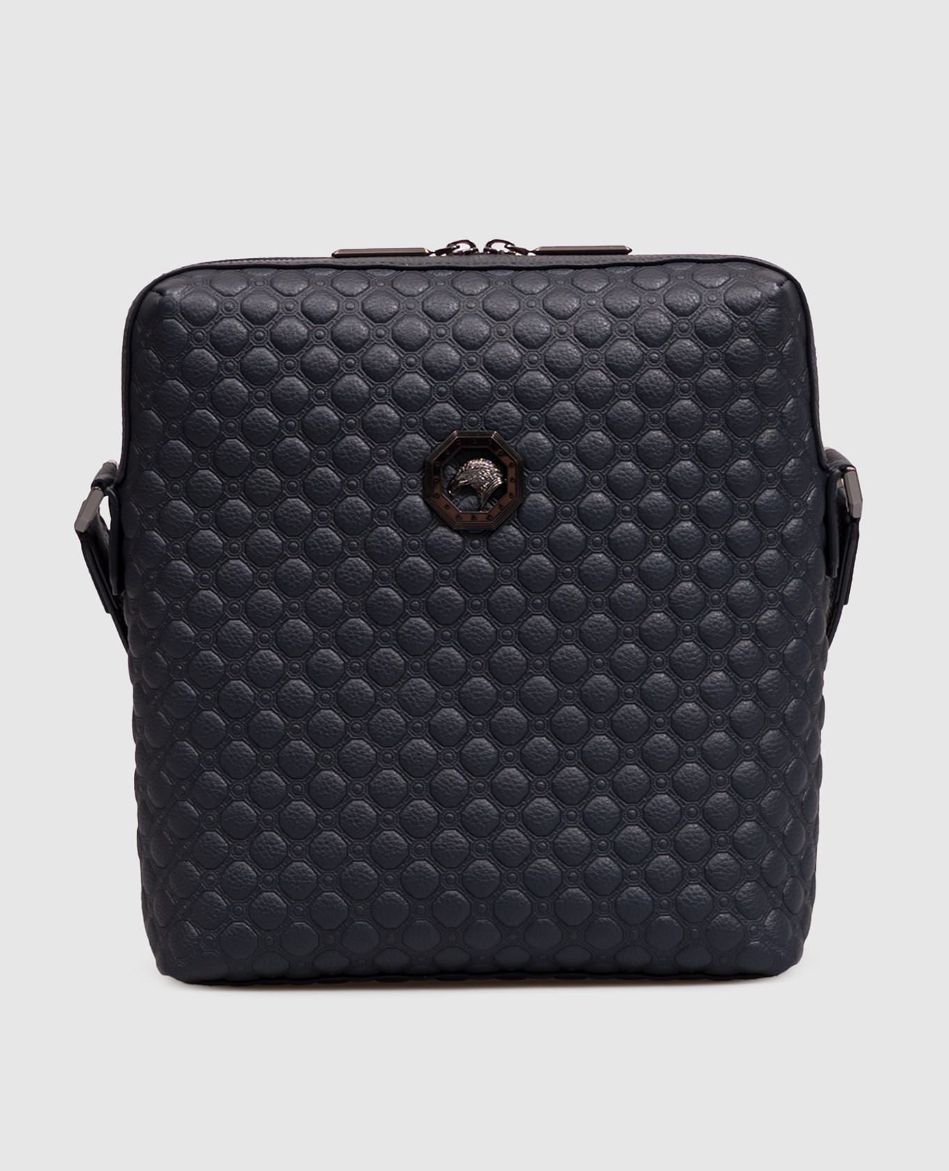 Blue leather bag with brand embossing